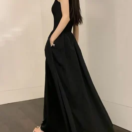 O Neck Sleeveless Slit Casual Dress Solid Color Pleated Dresses