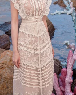 Vietnamese Flower Lace Midi Evening Dress
