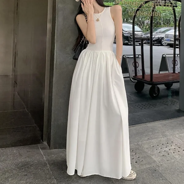 O Neck Sleeveless Slit Casual Dress Solid Color Pleated Dresses - Image 6