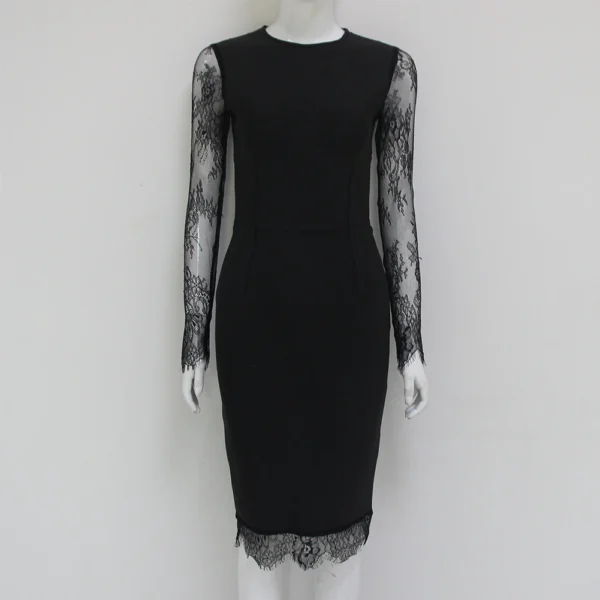 New Women's Black Lace Long Sleeve Party Bandage Dress - Image 3