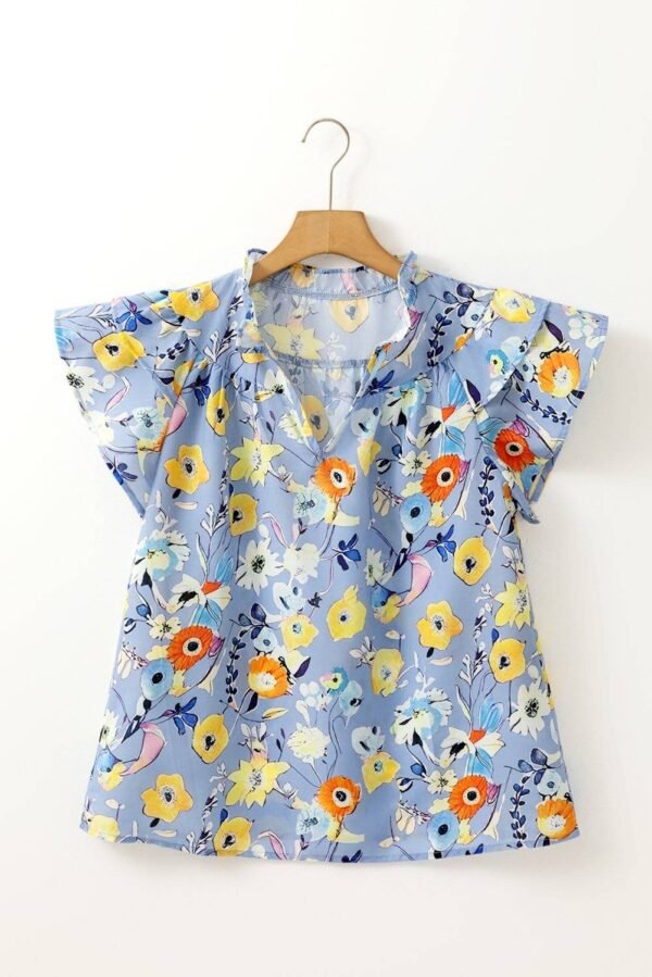 Sky Blue Flutter Sleeve V Neck Floral Top - Image 4