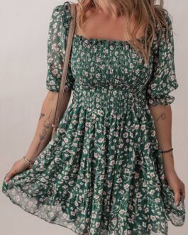 Green Smocked Square Neck Puff Short Sleeve Floral Dress