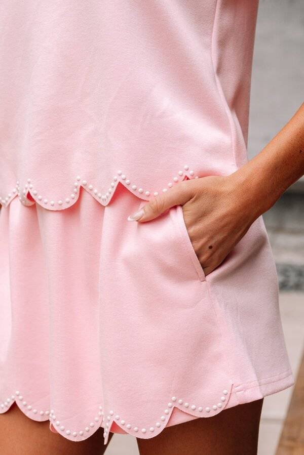 Light Pink Puff Sleeve Pearl Embellished Scallop Trim Top 2 Piece Skort Set - Image 10