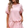 Light Pink Puff Sleeve Pearl Embellished Scallop Trim Top 2 Piece Skort Set