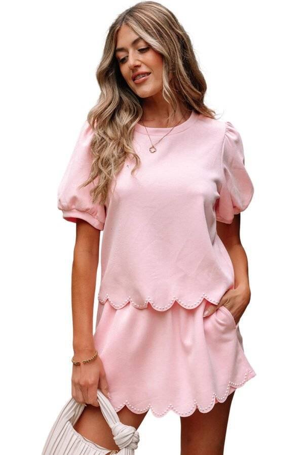 Light Pink Puff Sleeve Pearl Embellished Scallop Trim Top 2 Piece Skort Set - Image 11