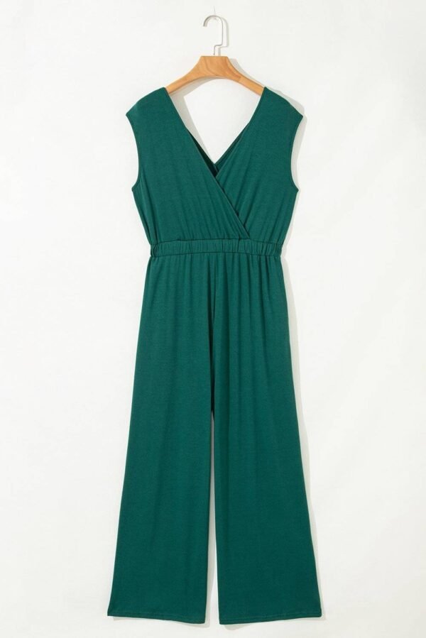 Blackish Green Deep V Pleated Crisscross Wide Leg Backless Jumpsuit - Image 4