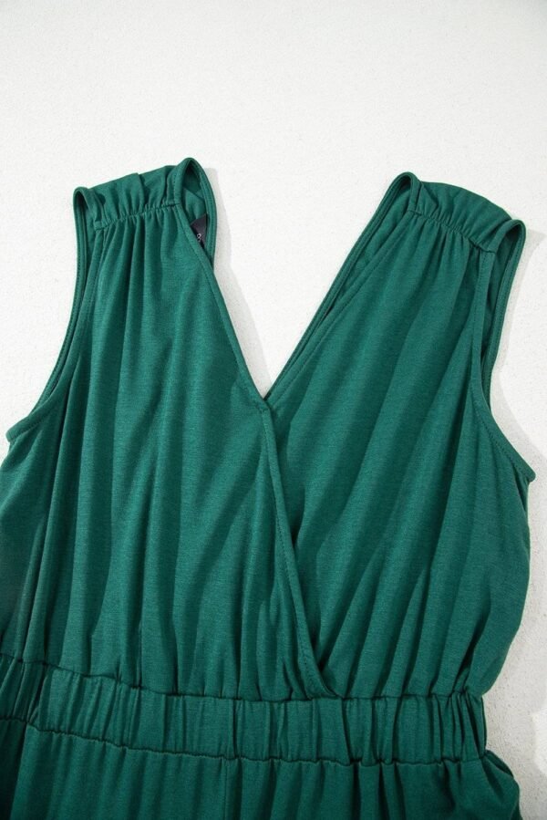 Blackish Green Deep V Pleated Crisscross Wide Leg Backless Jumpsuit - Image 6