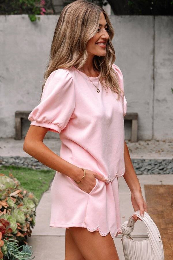 Light Pink Puff Sleeve Pearl Embellished Scallop Trim Top 2 Piece Skort Set - Image 6