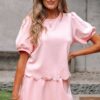 Light Pink Puff Sleeve Pearl Embellished Scallop Trim Top 2 Piece Skort Set