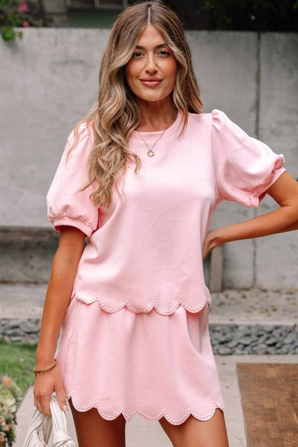 Light Pink Puff Sleeve Pearl Embellished Scallop Trim Top 2 Piece Skort Set - Image 7