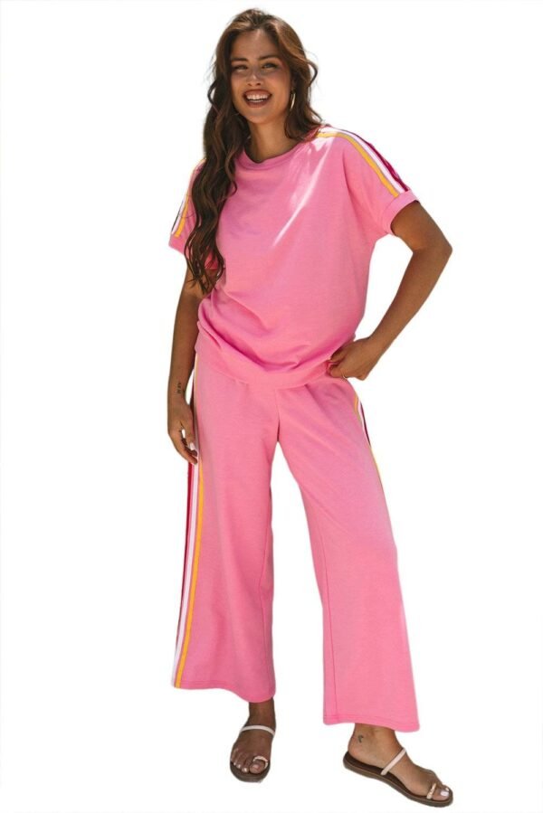 Bonbon Color Contrast Crewneck T Shirt and Wide Leg High Waist Pants Set - Image 17