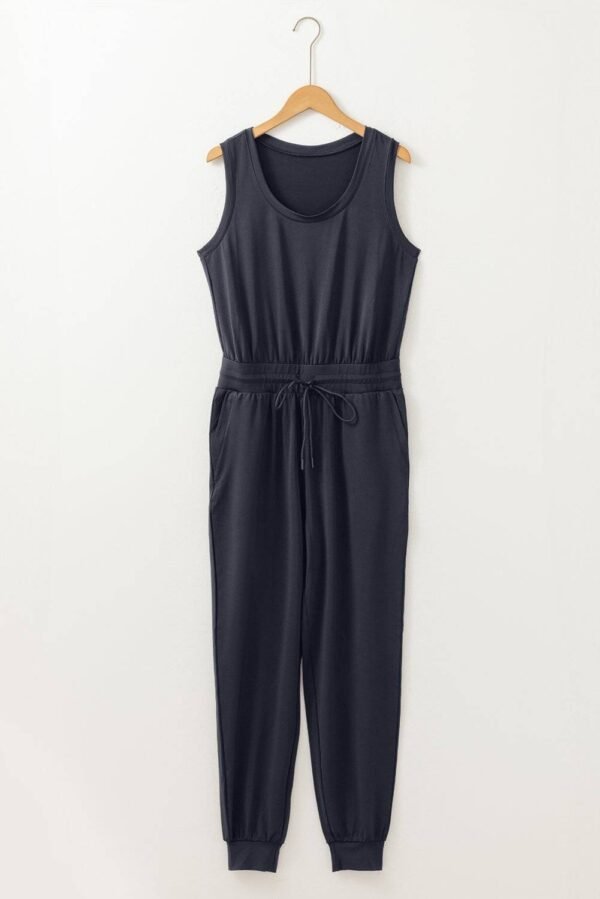 Black Casual Tank Style Tie Waist Pocketed Jogger Jumpsuit - Image 4