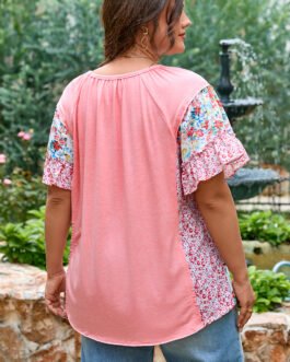 Pink Plus Size Floral Patchwork Ruffled Short Sleeve Blouse