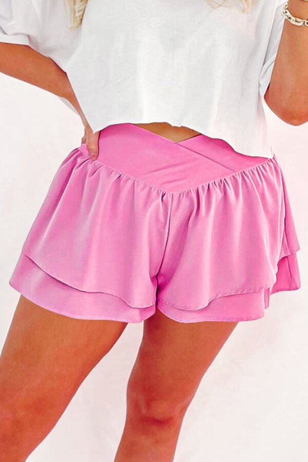 Bright Pink Crossed Waist Tiered Flowy Shorts - Image 3