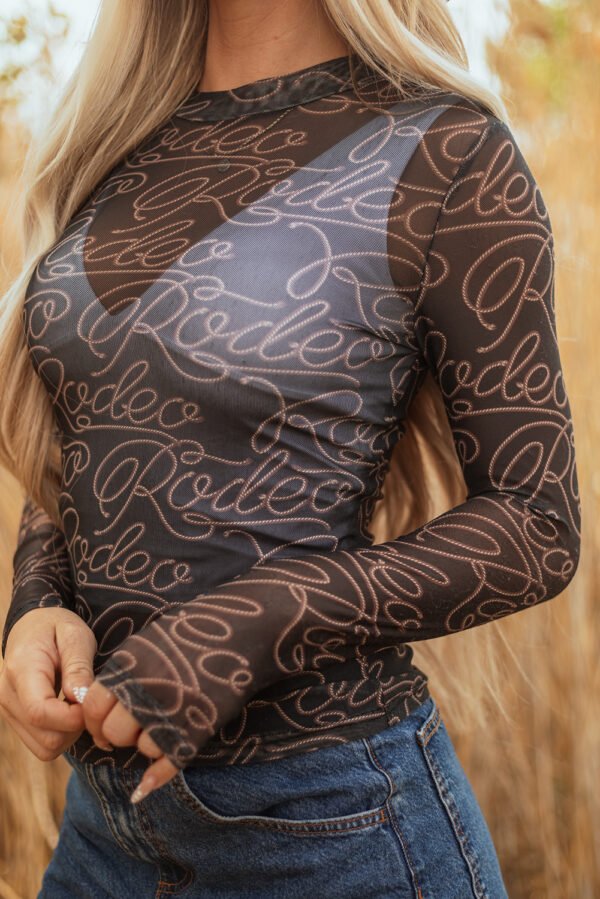 Black Western Rodeo Printed Mock Neck Long Sleeve Mesh Top - Image 11