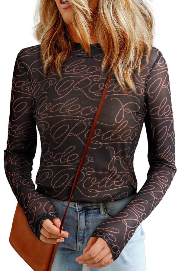 Black Western Rodeo Printed Mock Neck Long Sleeve Mesh Top - Image 13