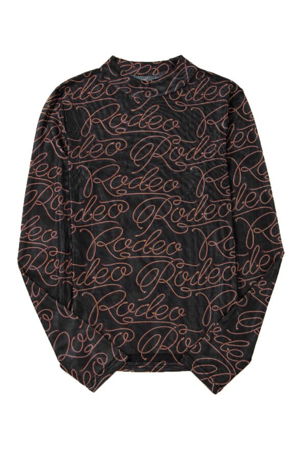 Black Western Rodeo Printed Mock Neck Long Sleeve Mesh Top - Image 14