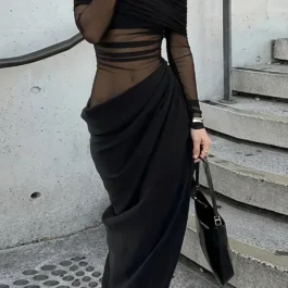 Black Stretchy Polyester Blend with Mermaid Hem Dress