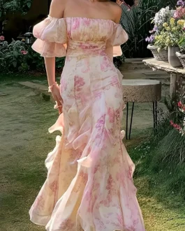 Slant Neck Short Sleeve Floral Ruffle Slim Party Midi Dress