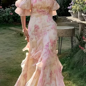 A3eb34fb80c364da49c35af08524ac0270.webp Slant Neck Short Sleeve Floral Ruffle Slim Party Midi Dress