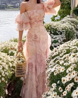 Slant Neck Short Sleeve Floral Ruffle Slim Party Midi Dress