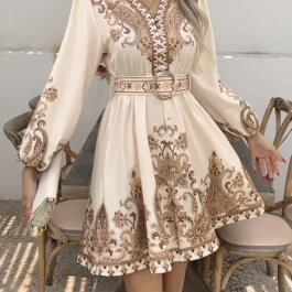 Vintage V-Neck Ruffled Floral Print Dress with Belt
