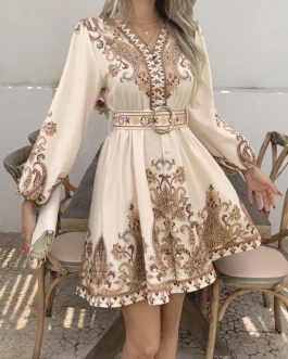 Vintage V-Neck Ruffled Floral Print Dress with Belt