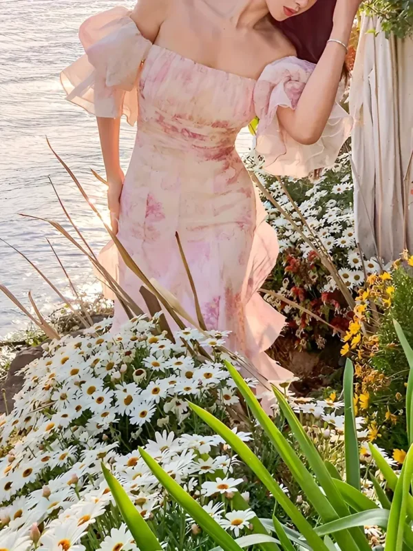 Slant Neck Short Sleeve Floral Ruffle Slim Party Midi Dress - Image 3