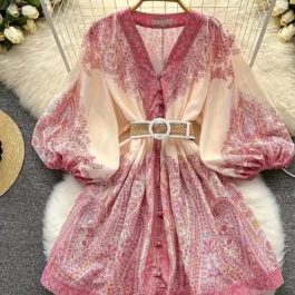 Vintage V-Neck Ruffled Floral Print Dress with Belt