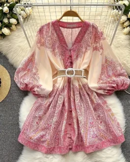 Vintage V-Neck Ruffled Floral Print Dress with Belt