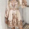 Vintage V-Neck Ruffled Floral Print Dress with Belt