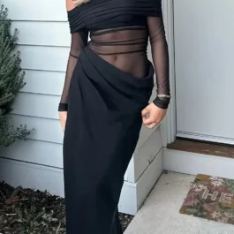 Black Stretchy Polyester Blend with Mermaid Hem Dress