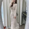 V‑Neck Diamond Lace Maxi Long Dress | Elegant Lace Evening Gown