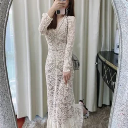 V‑Neck Diamond Lace Maxi Long Dress | Elegant Lace Evening Gown