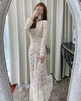 New Hand-made V-neck Diamond Lace Maxi Long Dress