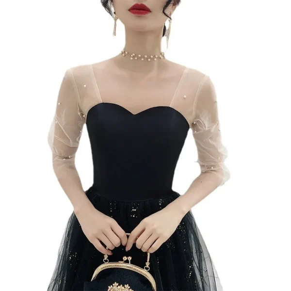 Temperament fairy Gauze High Quality Beautiful Black Long Evening Dress - Image 4