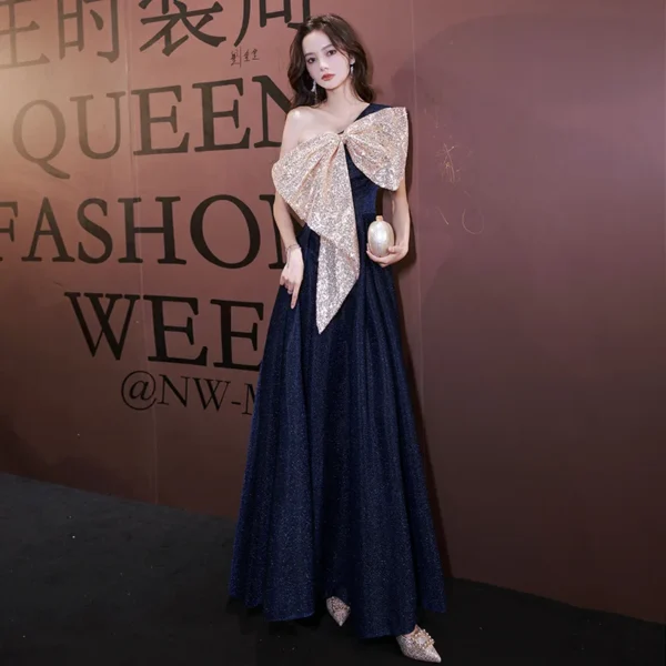 One-shoulder Sexy Bow Banquet Elegant Sweet Long Evening Dress
