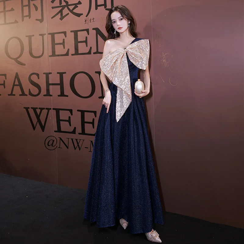 One-shoulder Sexy Bow Banquet Elegant Sweet Long Evening Dress - Image 5