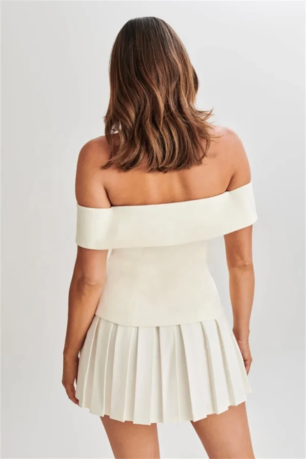 Off-shoulder Double-breasted Top Pleated Skirt Suit Set - Image 5