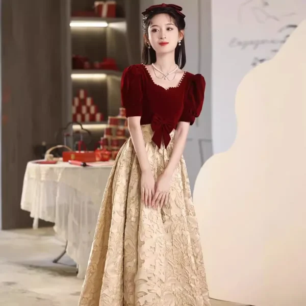 High-end Engagement Red Velvet Textured Long Dress