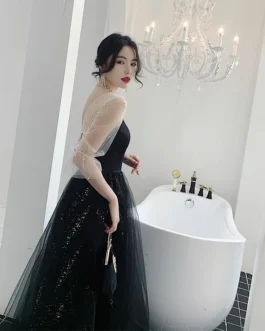 Temperament fairy Gauze High Quality Beautiful Black Long Evening Dress