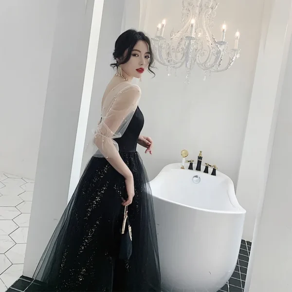 Temperament fairy Gauze High Quality Beautiful Black Long Evening Dress