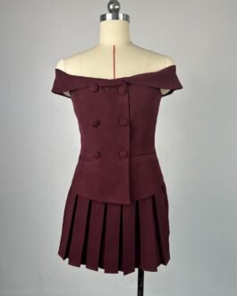 Off-shoulder Double-breasted Top Pleated Skirt Suit Set
