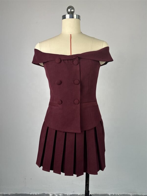 Off-shoulder Double-breasted Top Pleated Skirt Suit Set - Image 2