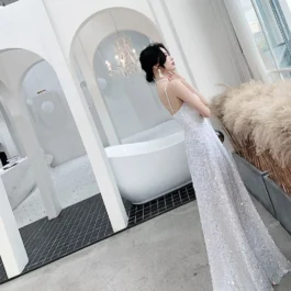 Sling Sequin Party Banquet White Super fairy Temperament Long Evening Dress