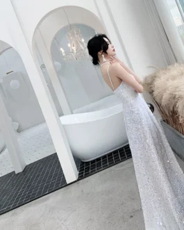 Sling Sequin Party Banquet White Super fairy Temperament Long Evening Dress