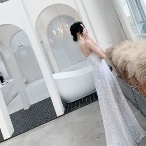 Sling Sequin Party Banquet White Super fairy Temperament Long Evening Dress