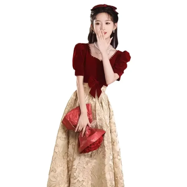 High-end Engagement Red Velvet Textured Long Dress - Image 4
