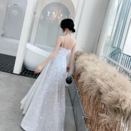 Sling Sequin Party Banquet White Super fairy Temperament Long Evening Dress