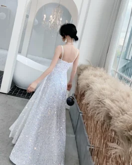 Sling Sequin Party Banquet White Super fairy Temperament Long Evening Dress